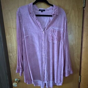 Velvet Heart Blush Pink Button-Down Velvet-Look Shirt